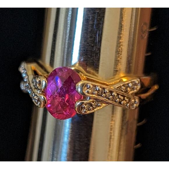 14K Gold Natural Pink Tourmaline & Diamond Criss Cross Band Ring Size 9.5 - Picture 2 of 15